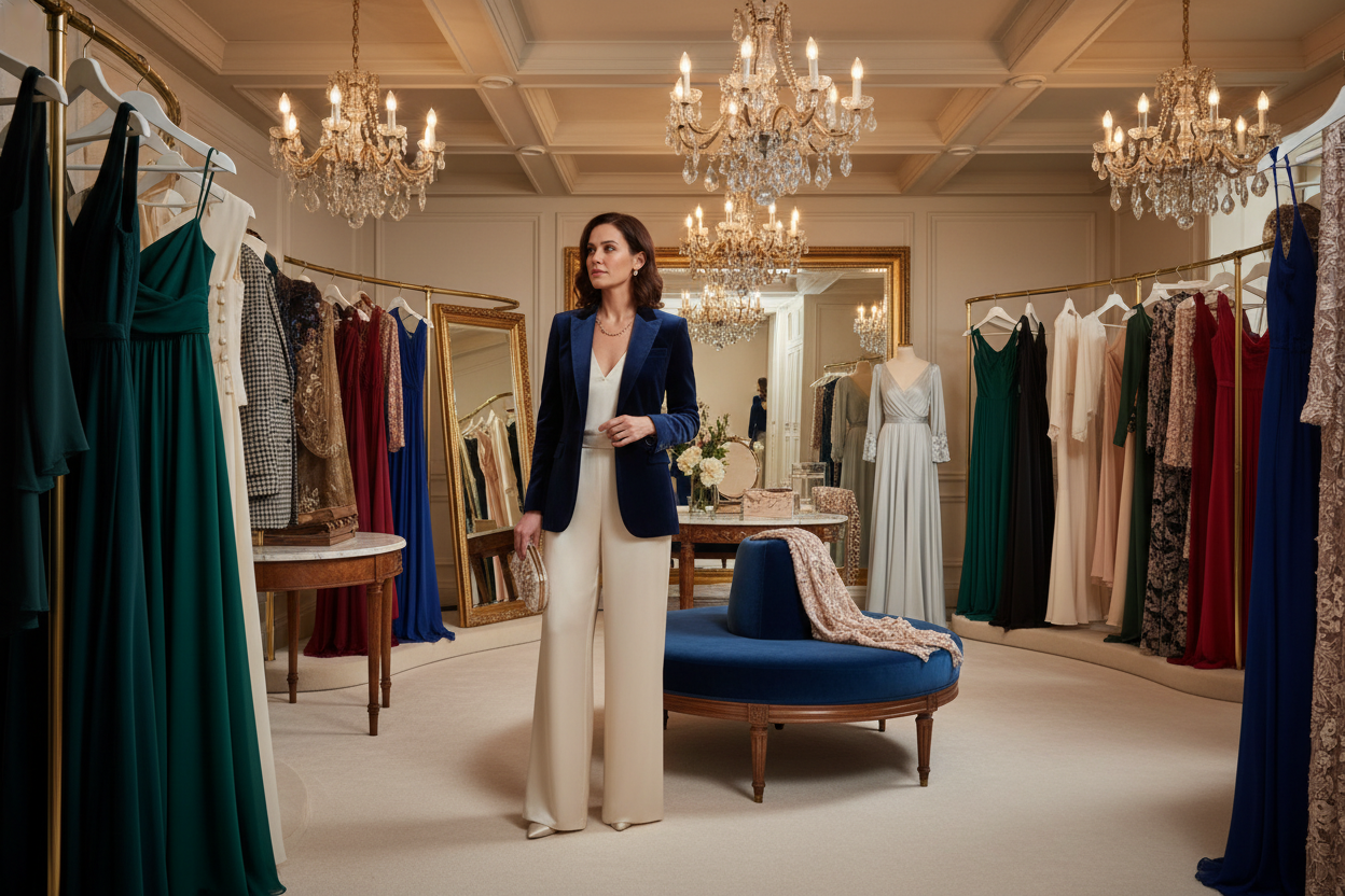a woman in a luxurious room filed with elegant type clothes